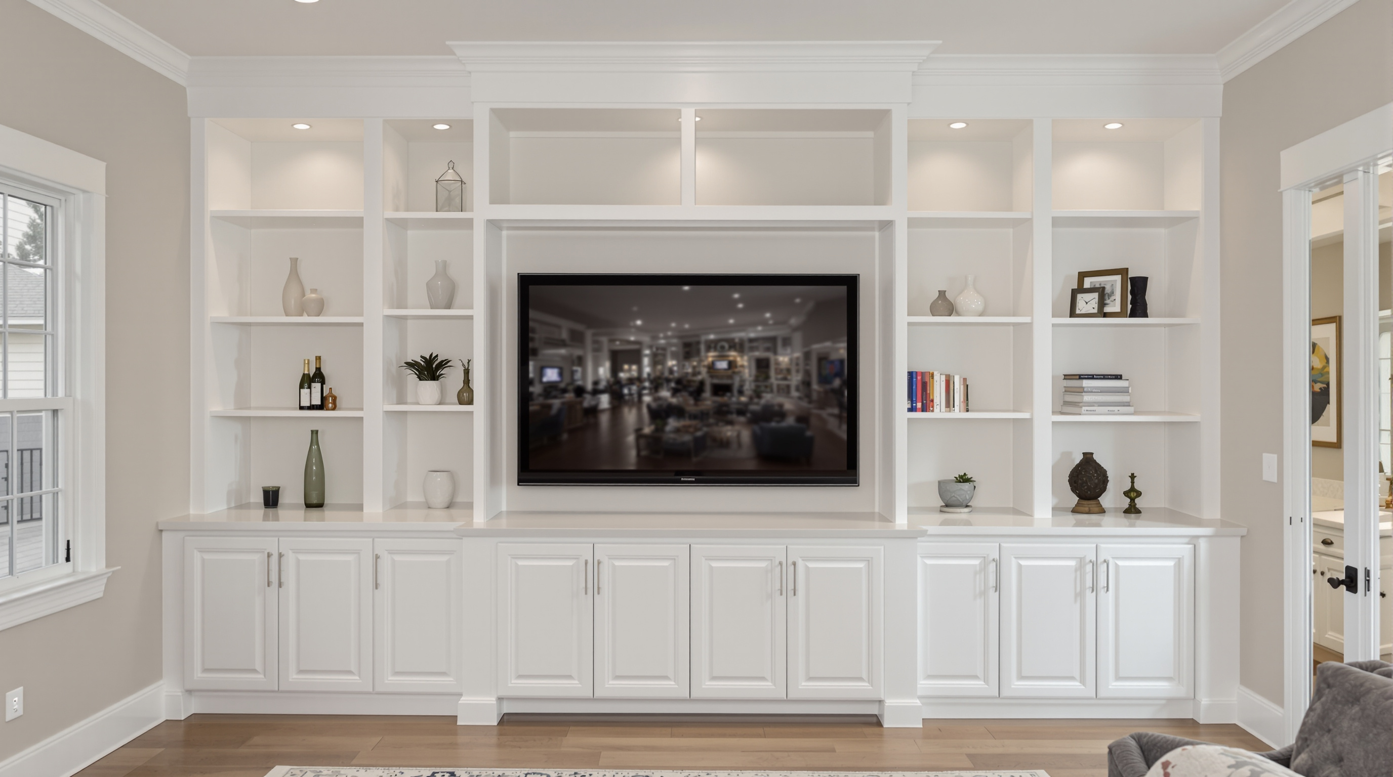 Open-concept kitchen after remodel with quartz island and shaker cabinets